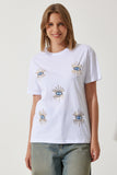 Beyaz Pullu Nakışlı Oversize Pamuklu Örme T-Shirt MP00027