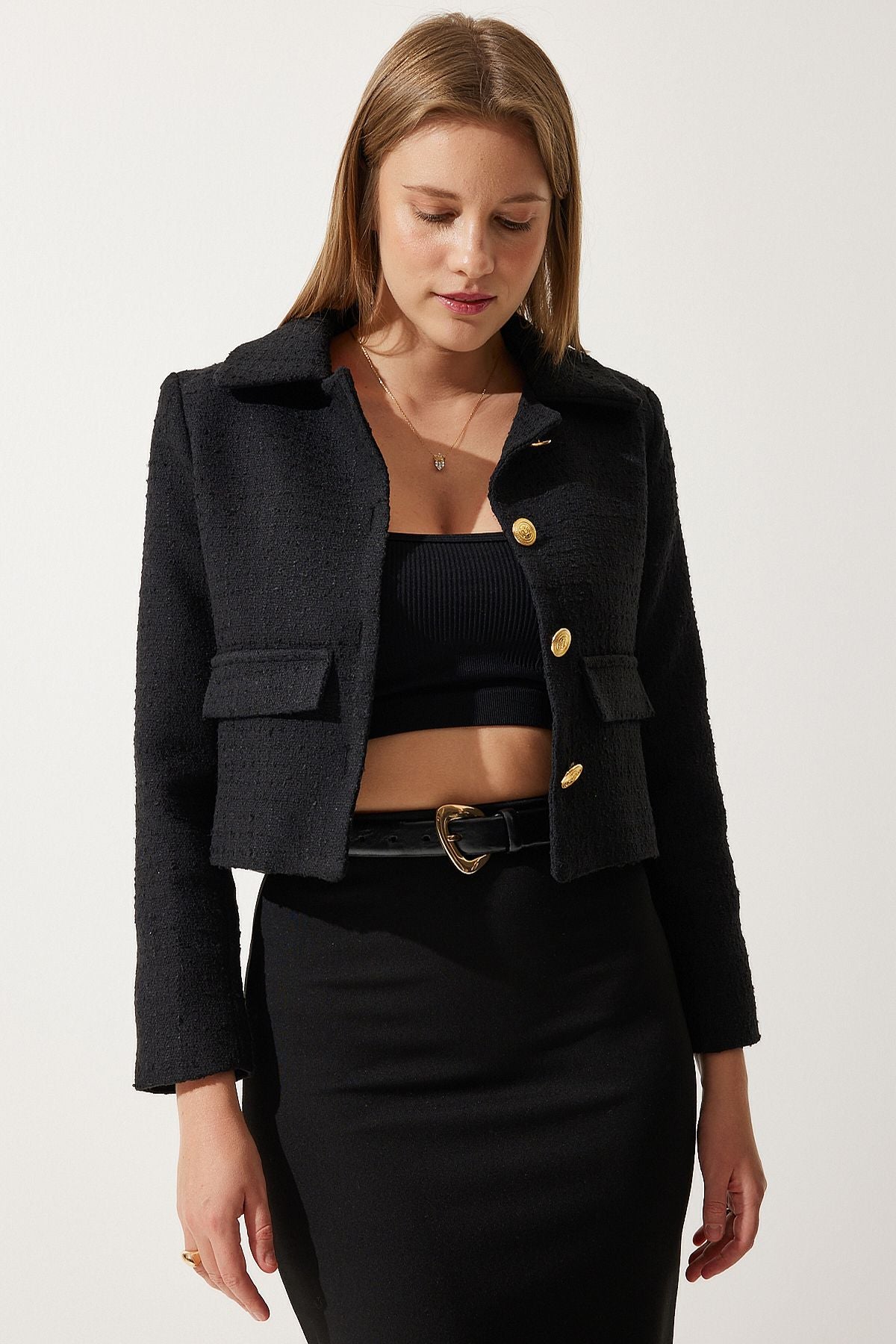 Siyah Crop Tüvit Blazer Ceket TO00039