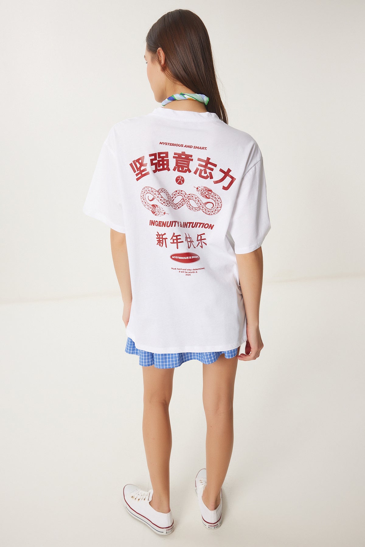 Beyaz Oversize Baskılı Pamuklu Örme T-Shirt UB00371
