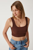Kahverengi Askılı Fitilli Crop Örme Bluz GT00030