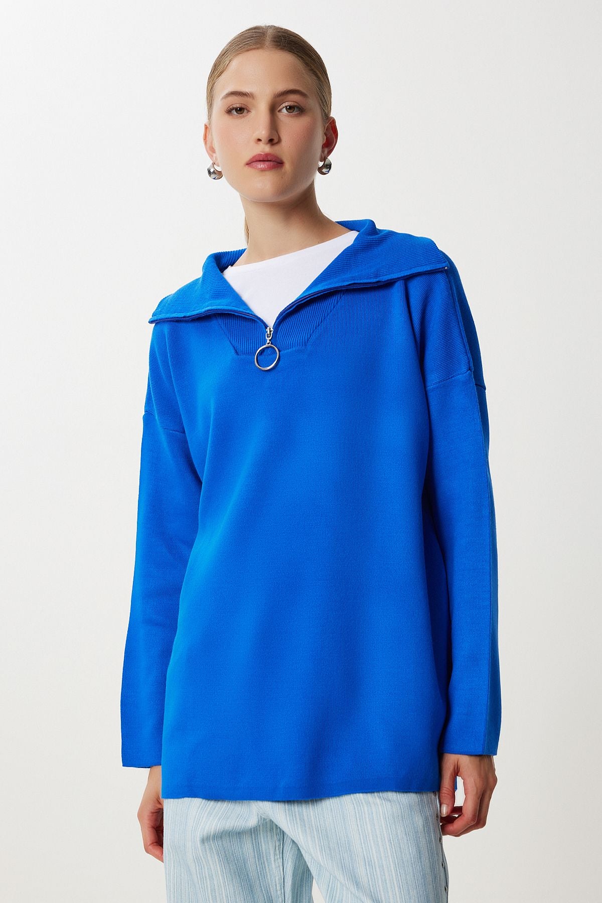 Koyu Mavi Fermuarlı Oversize Triko Kazak YY00263