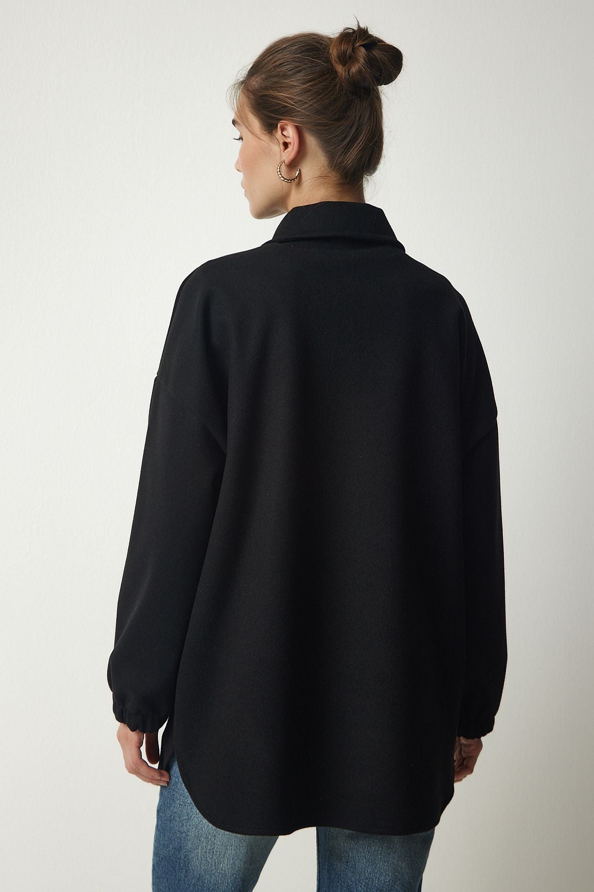 Siyah Düğmeli Cepli Oversize Gömlek Ceket DD01263