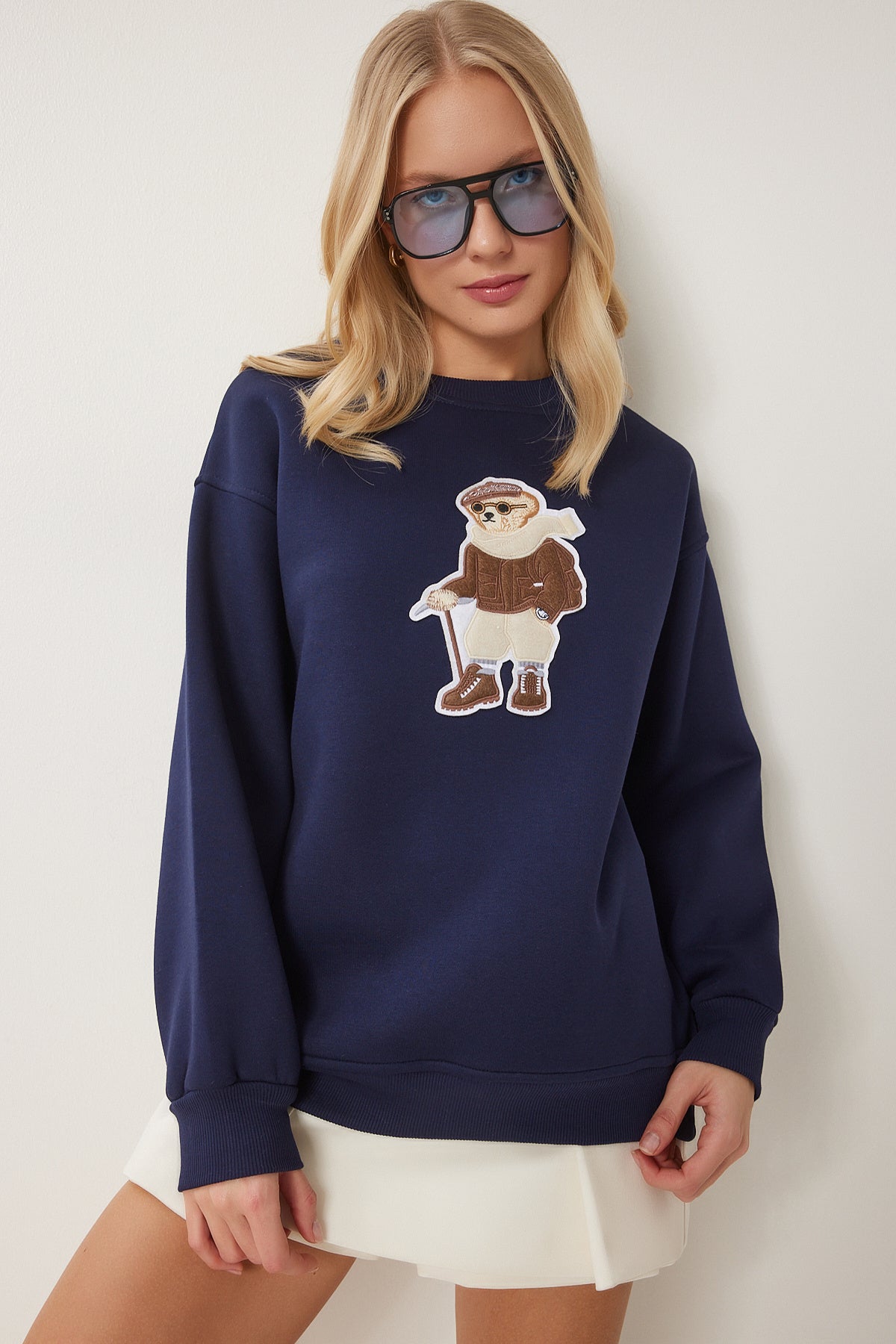 Lacivert Ayıcık Armalı Şardonlu Örme Sweatshirt WE00001