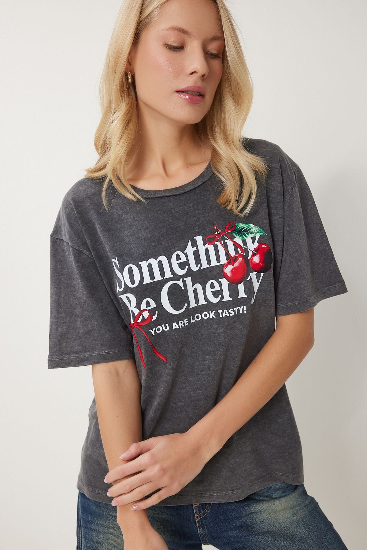 Antrasit Baskılı Yıkamalı Örme T-Shirt AN00220