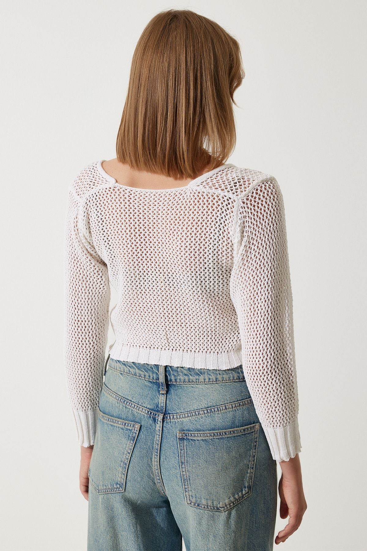Ekru Ajurlu Crop Triko Bluz YY00212