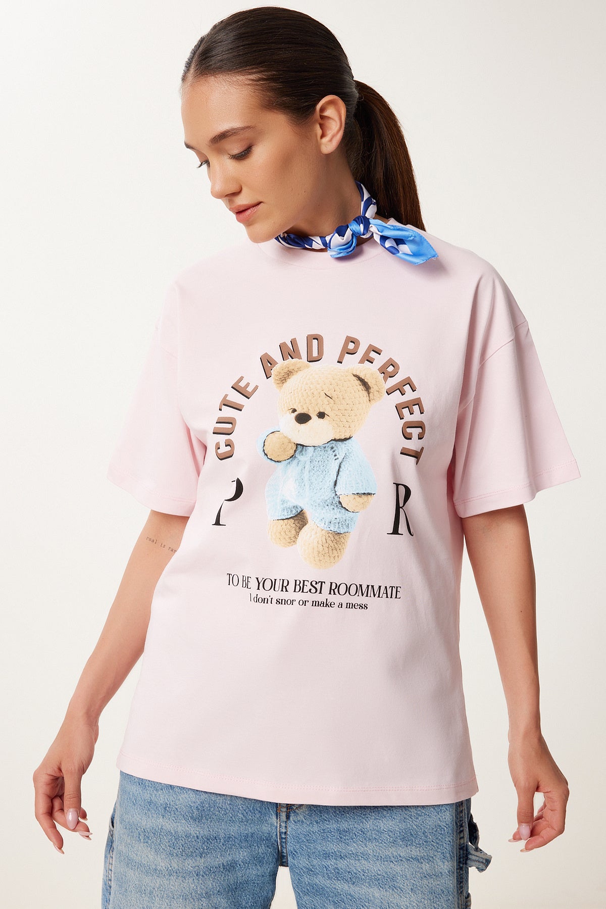Açık Pembe Baskılı Oversize Pamuklu Örme T-Shirt CR00508