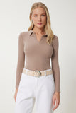 Bej Polo Yaka Fitilli Örme Bluz GT00111