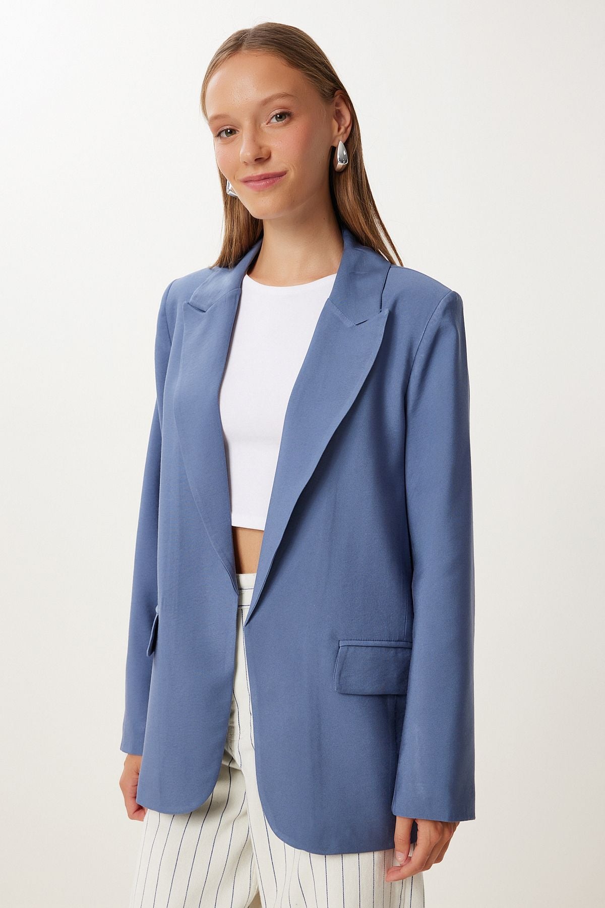 İndigo Mavi Vatkalı Şal Yaka Blazer Ceket KT00022