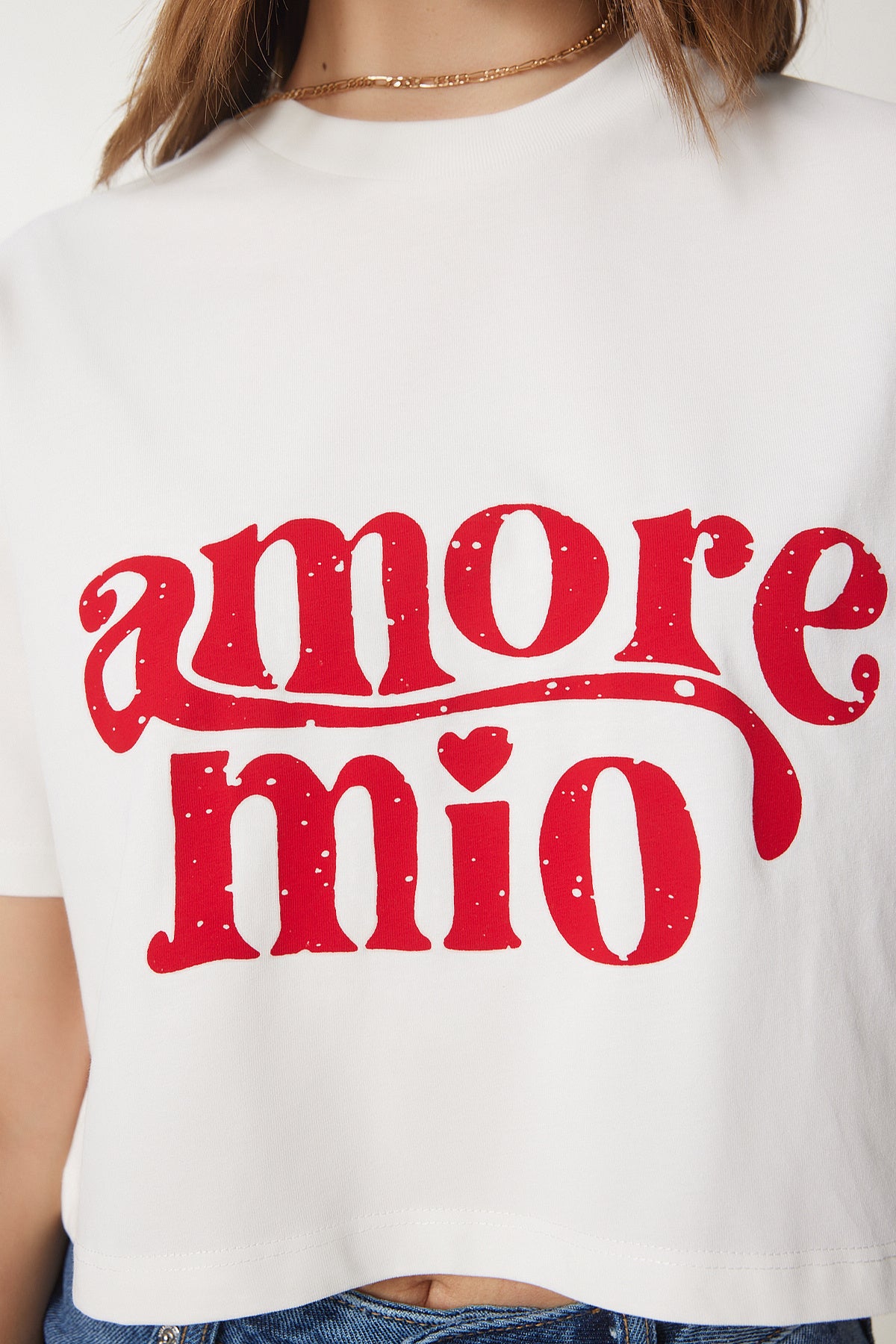 Ekru Baskılı Pamuklu Kısa Örme T-Shirt CR00445