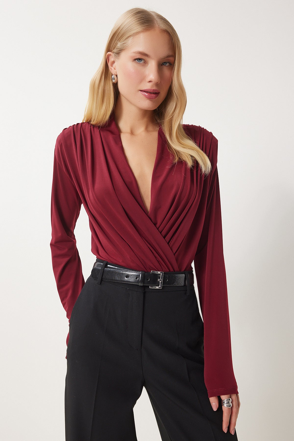 Bordo Anvelop Yaka Vatkalı Çıtçıtlı Sandy Bluz ZH00039
