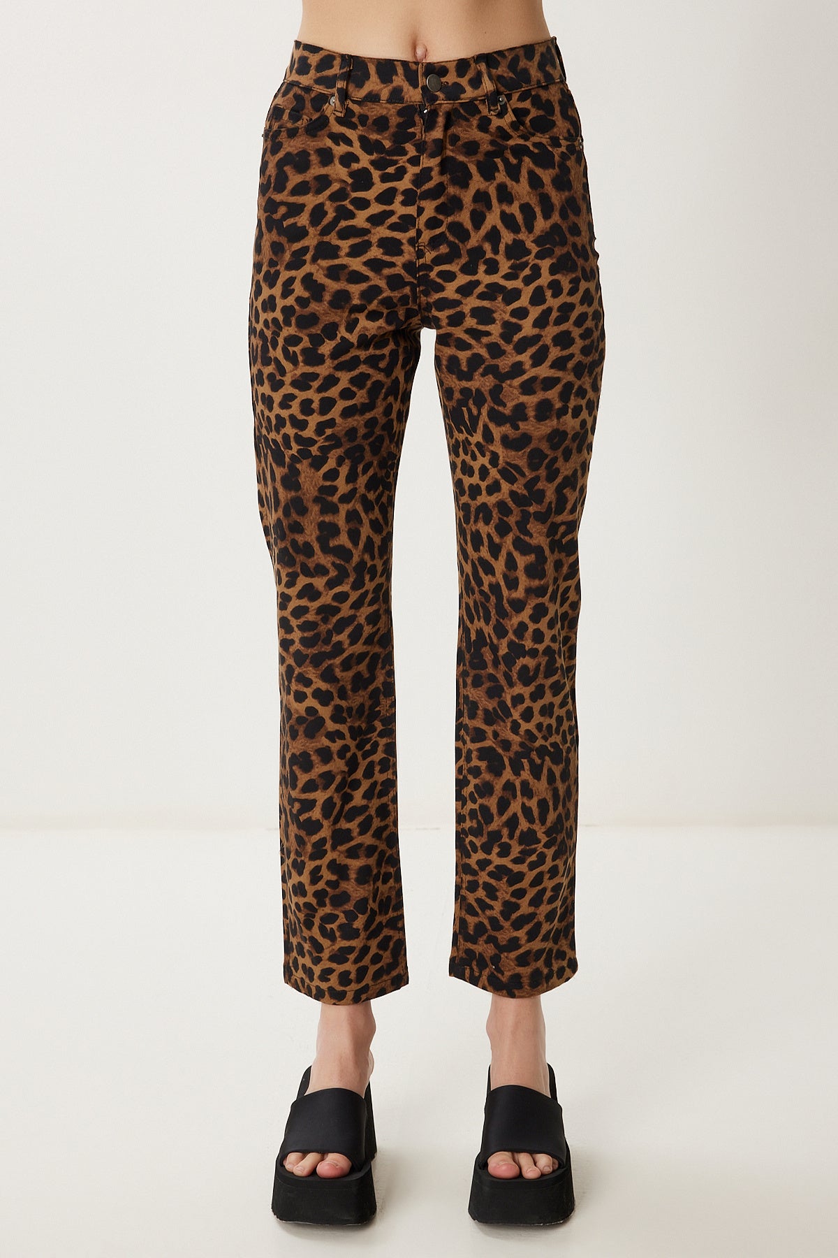 Siyah Bej Leopar Desenli Gabardin Pantolon WF00125