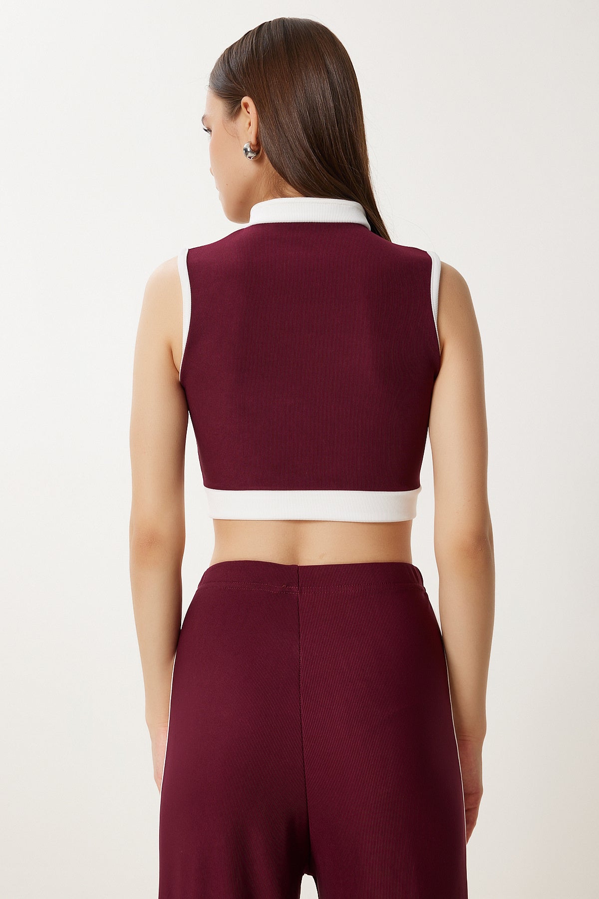 Bordo Kontrast Renkli Fitilli Örme Takım ZV00328