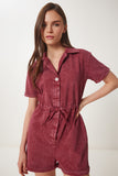 Bordo Polo Yaka Yıkamalı Yazlık Gabardin Tulum RG00053