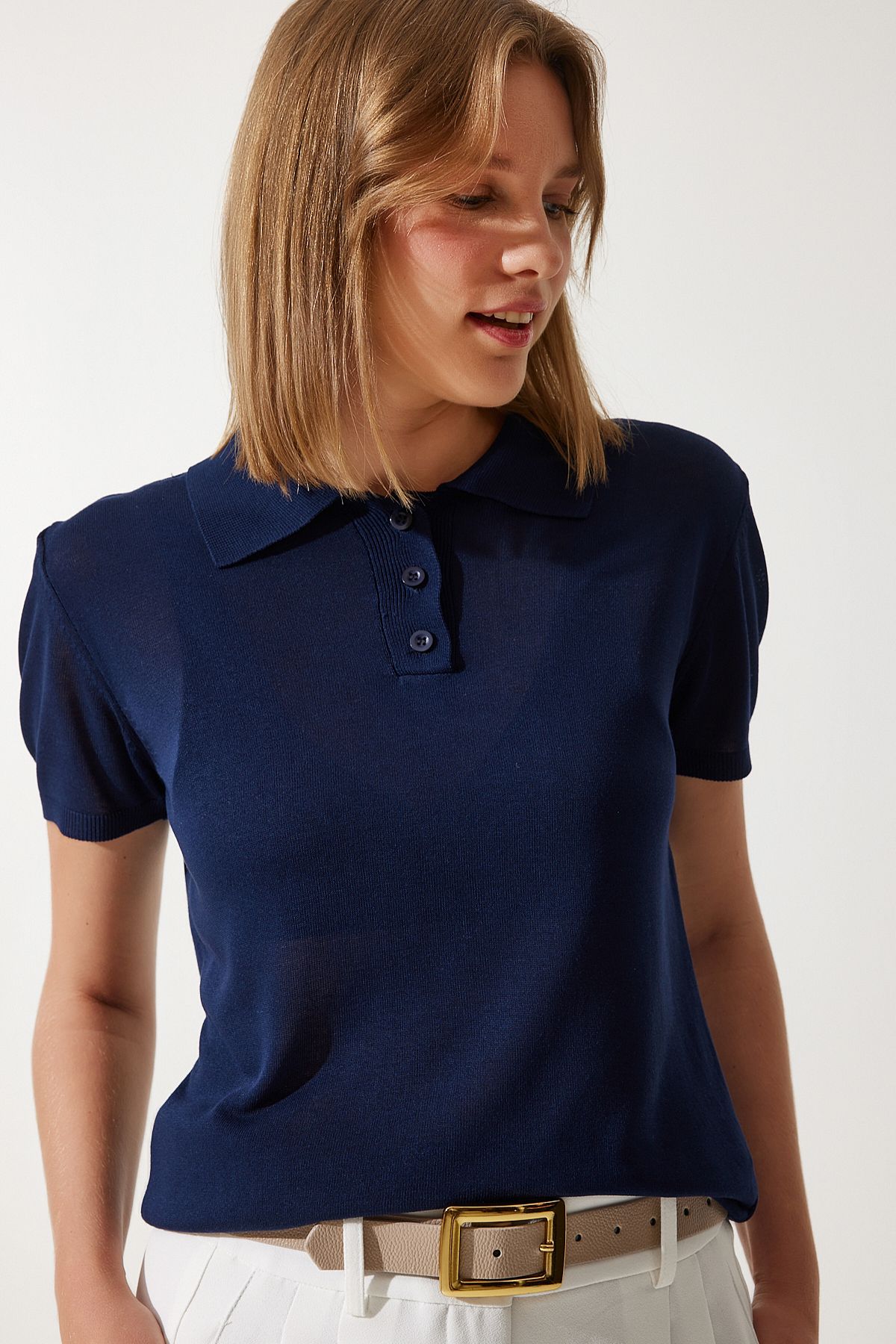 Lacivert Polo Yaka Hafif Transparan Yazlık Triko Bluz YY00209