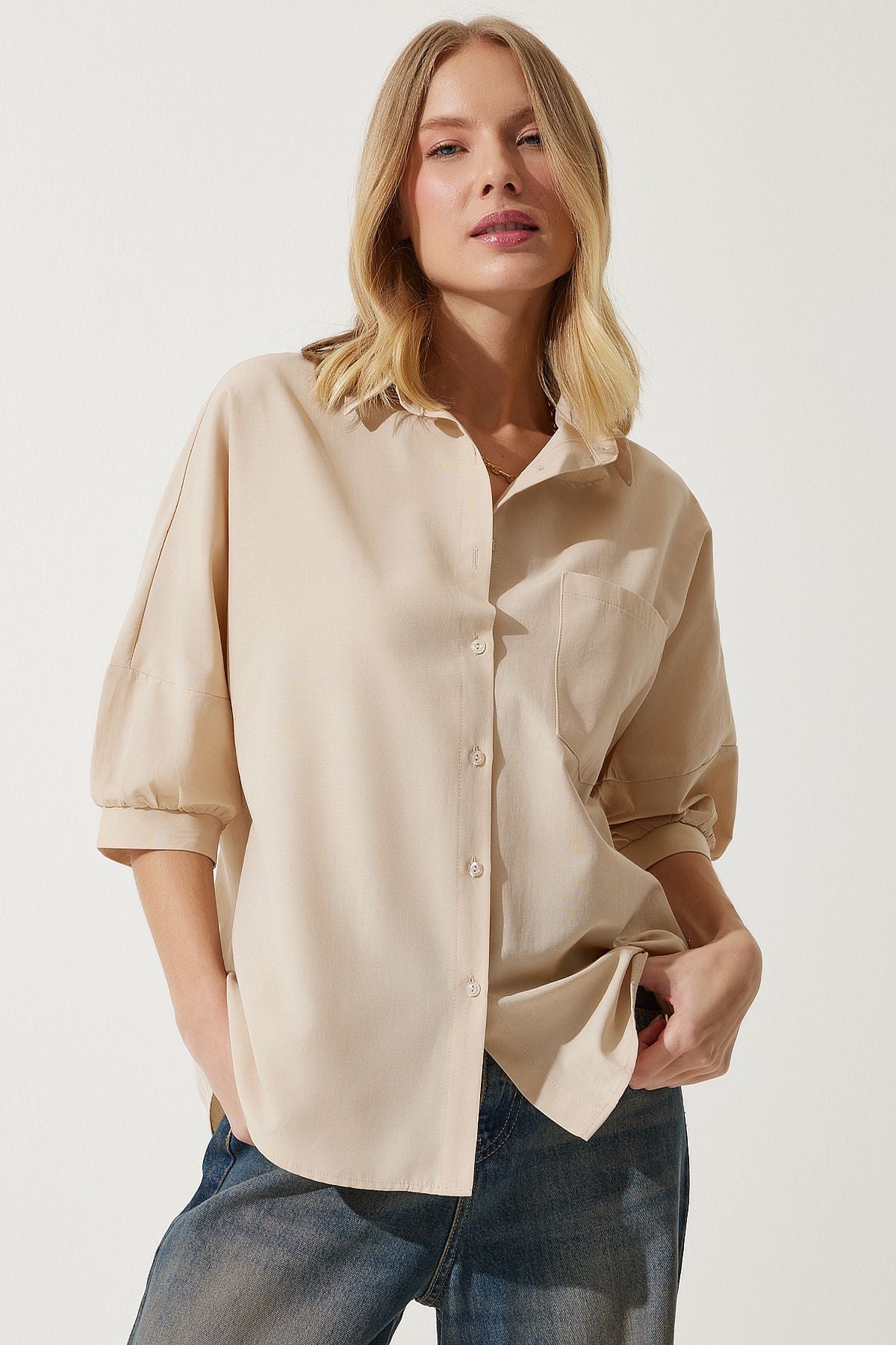 Krem Balon Kollu Poplin Gömlek DD01308