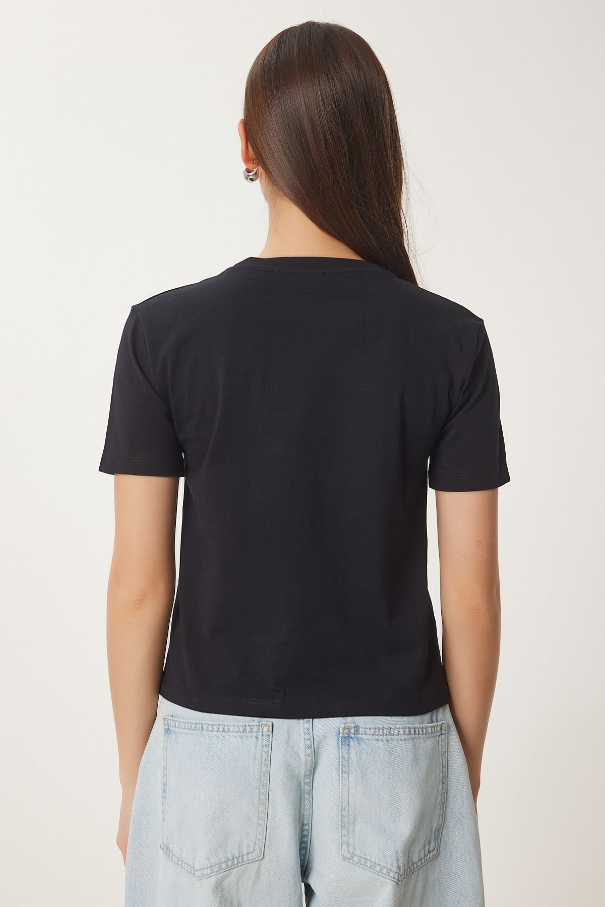 Siyah Şık Taşlı Crop Örme T-Shirt JH00053