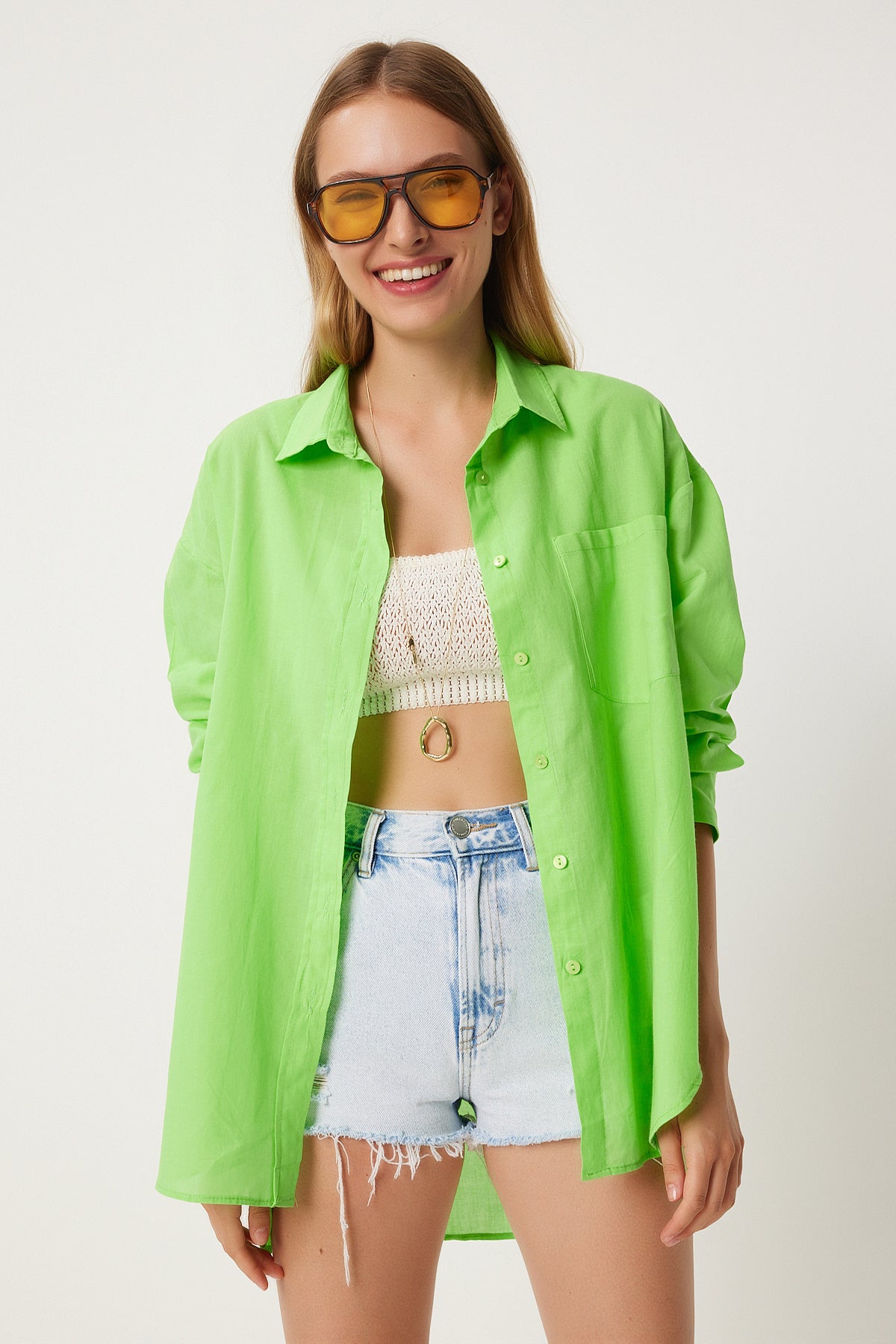 Canlı Yeşil Tek Cepli Yazlık Oversize Vual Gömlek FN03244