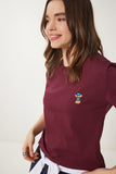 Bordo Ayıcık İşlemeli Pamuklu Örme T-Shirt CR00455