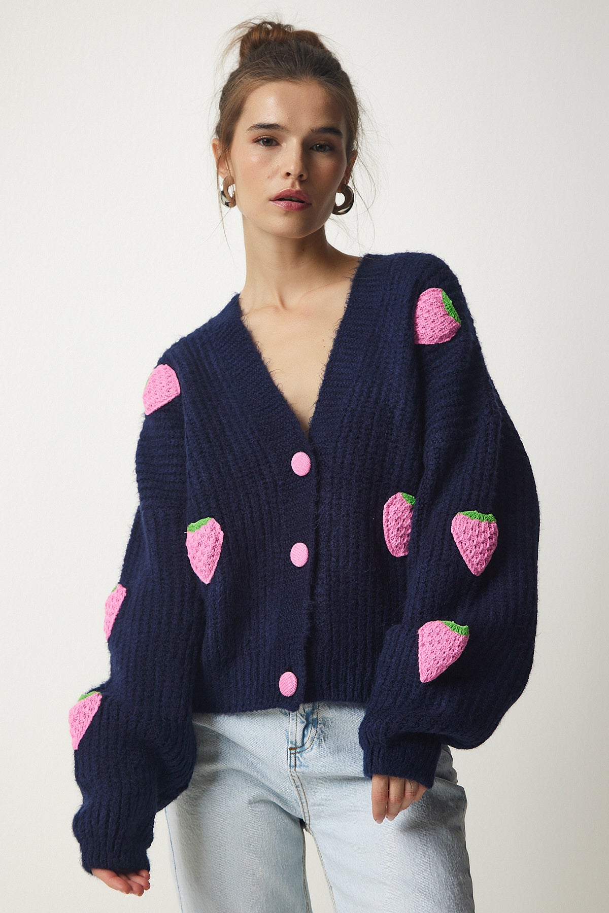 Lacivert Çilek Motifli Oversize Triko Hırka PF00008
