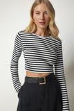 Siyah Beyaz Çizgili Kaşkorse Crop Bluz MC00229