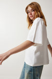 Kırık Beyaz Premium Bisiklet Yaka Oversize Örme T-Shirt AH00160