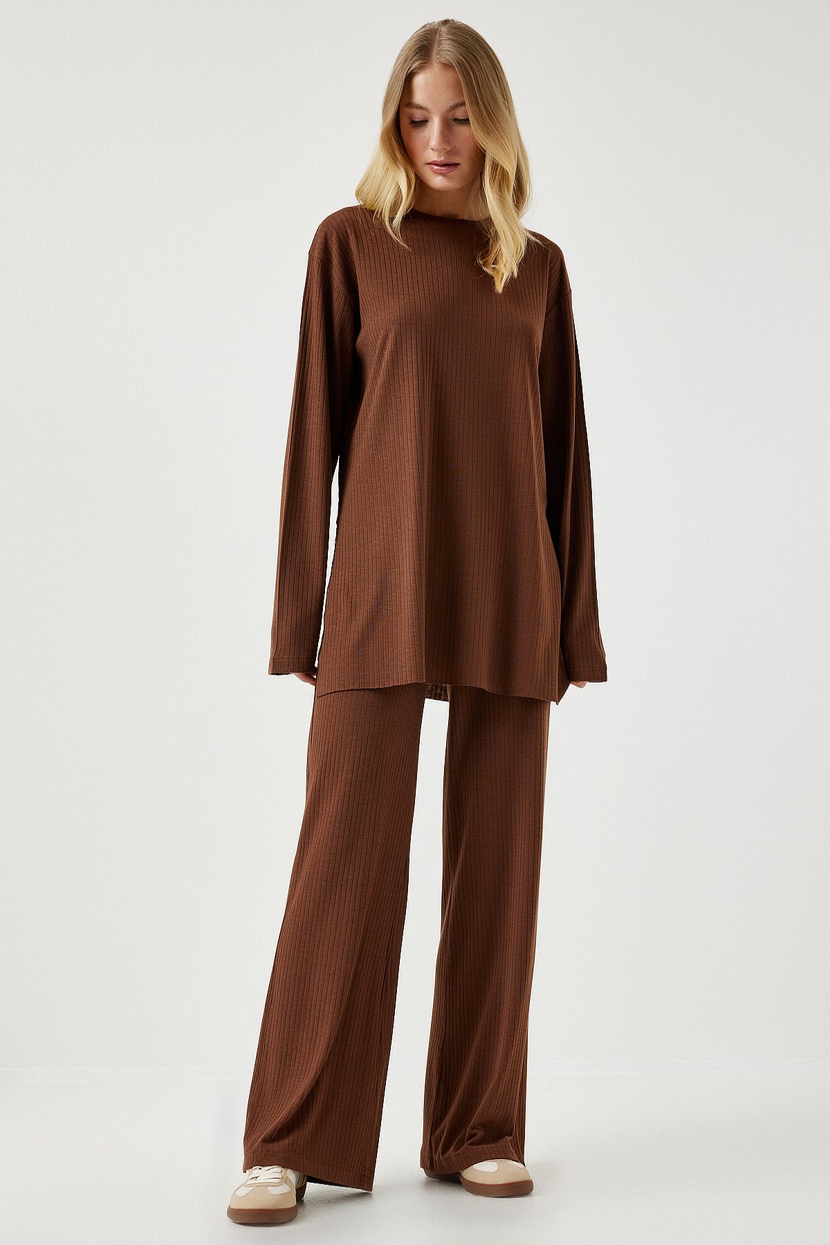 Kahverengi Fitilli Örme Bluz Pantolon Takım KH00088