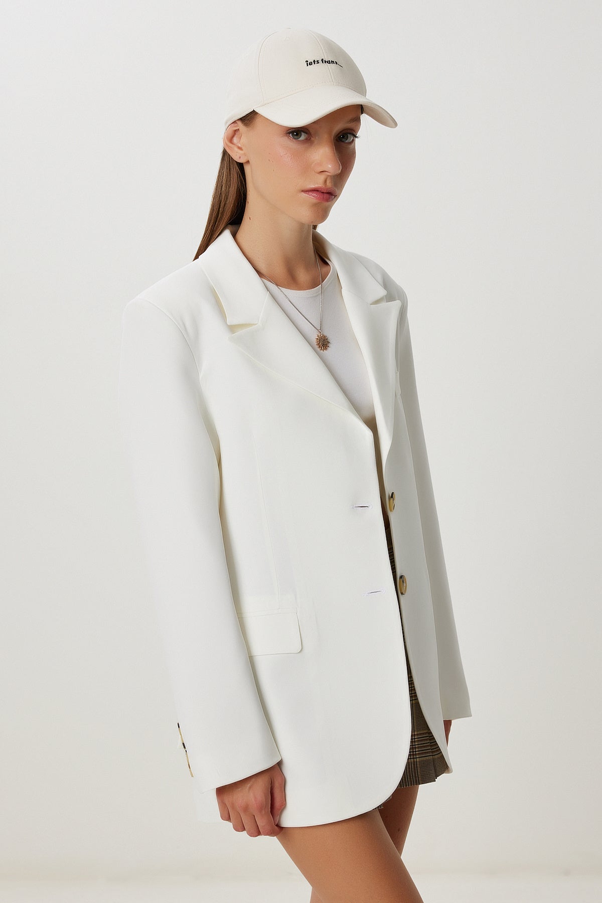 Ekru Vatkalı Oversize Dokuma Ceket KT00028