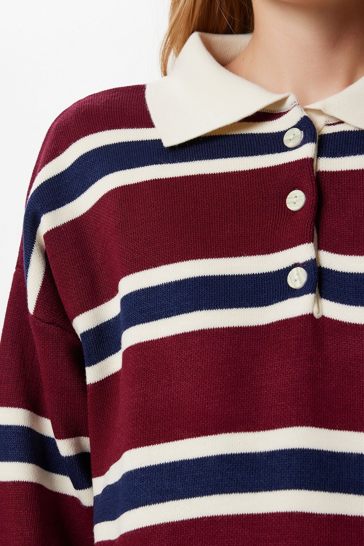 Bordo Lacivert Polo Yaka Çizgili Triko Kazak PF00117