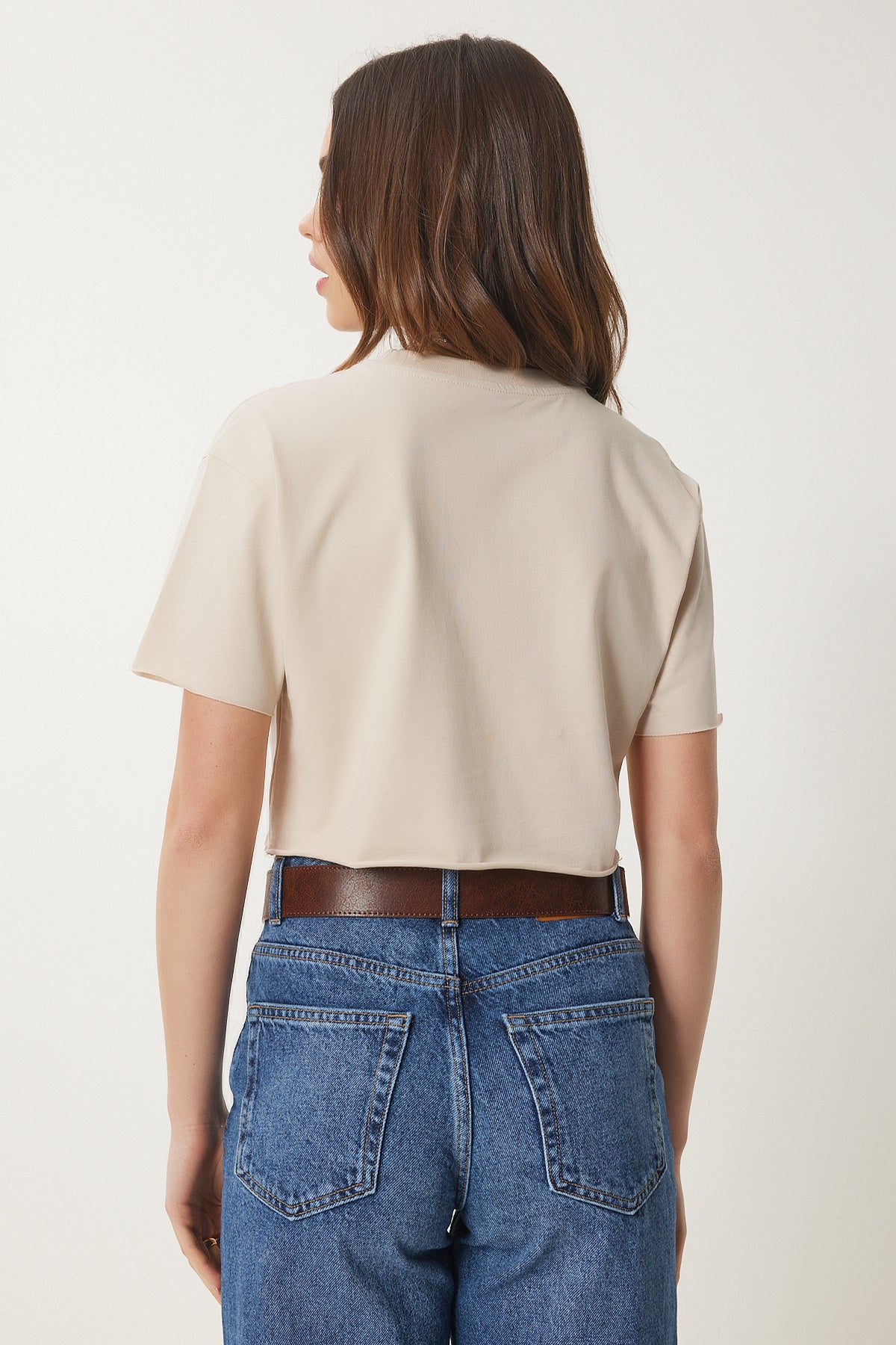 Krem Pamuklu Crop Örme T-Shirt CR00443