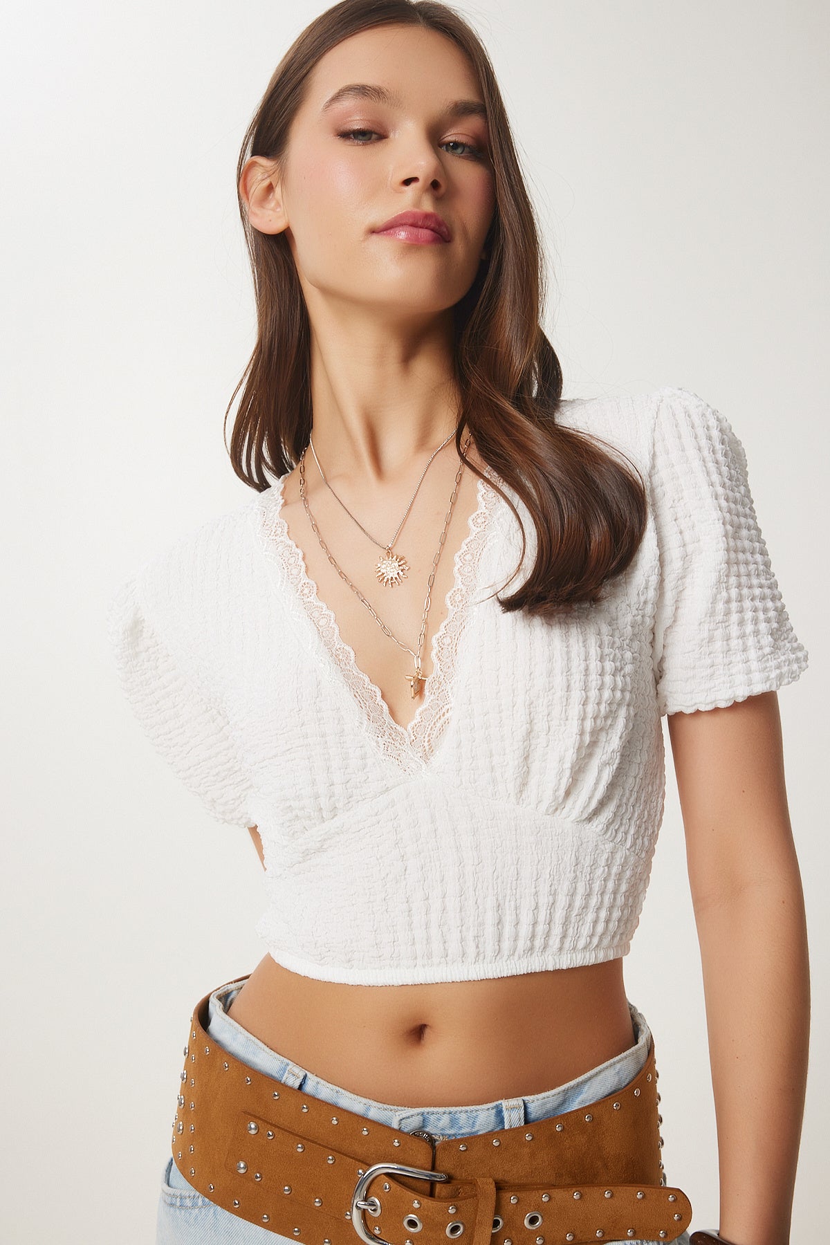 Beyaz Balon Kollu Crop Örme Bluz ZV00278