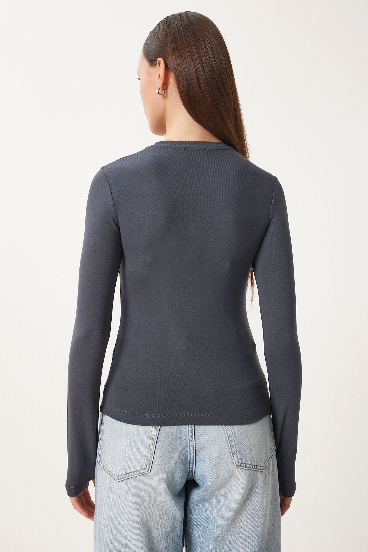 Antrasit Bisiklet Yaka Basic Örme Bluz CR00439