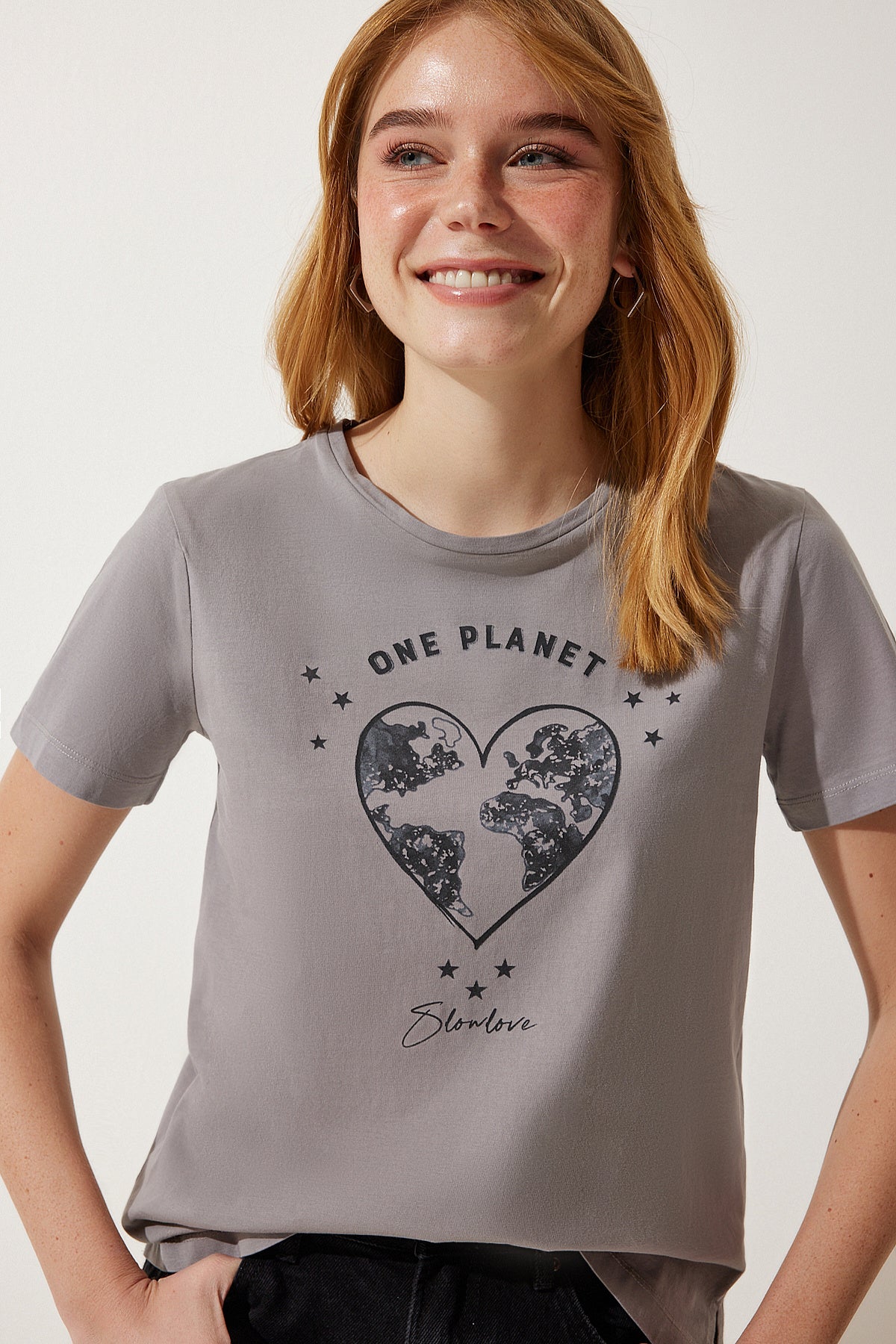 Gri Baskılı Örme T-Shirt WO00035