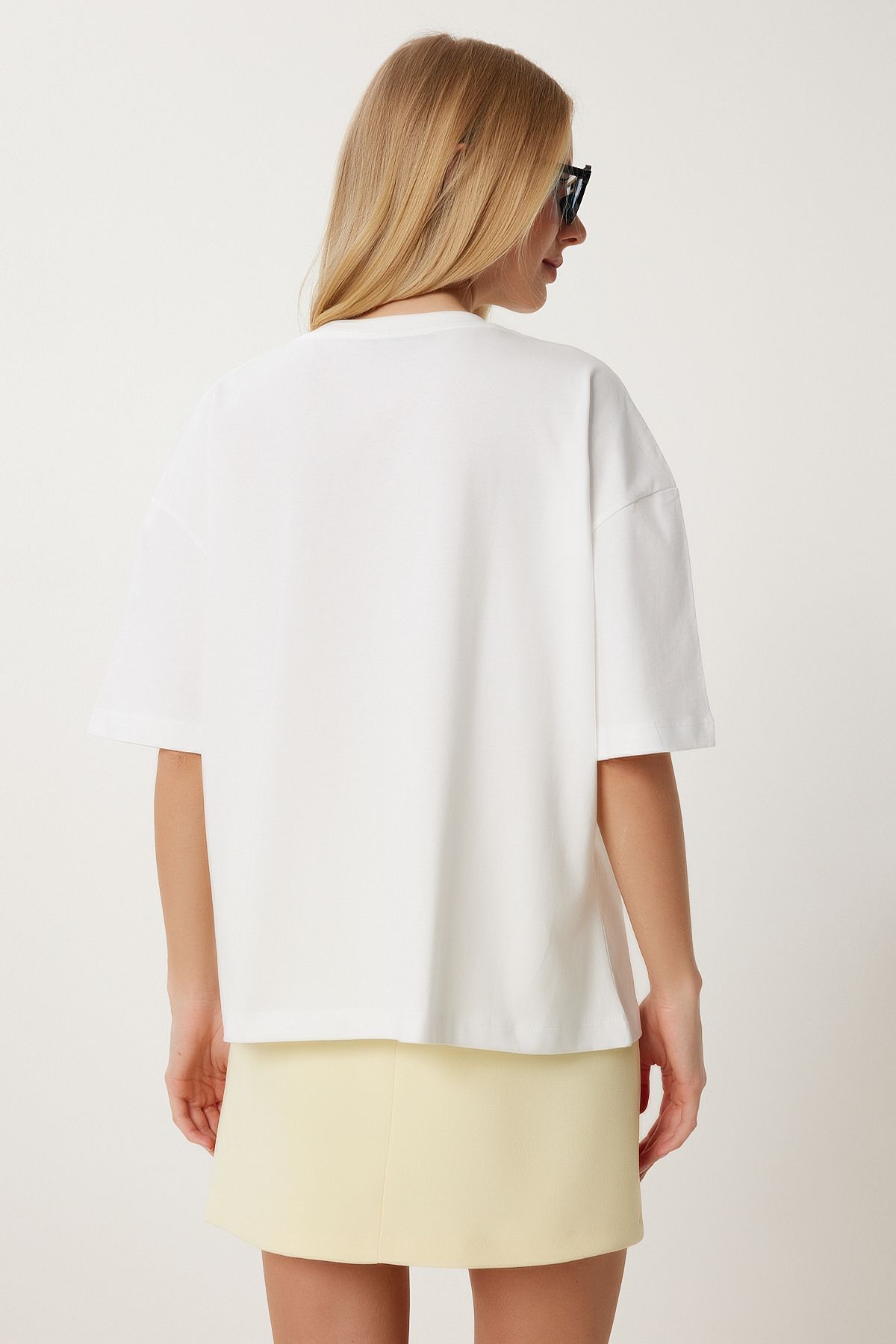 Ekru Baskılı Pamuklu Oversize Örme T-Shirt YY00237