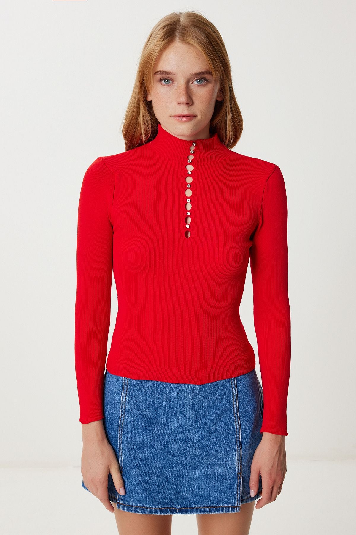 Kırmızı Cut Out Detaylı Taşlı Triko Kazak Kİ00159