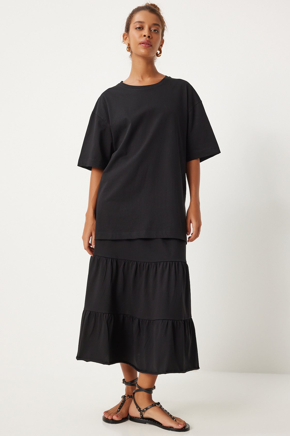 Siyah Oversize T-Shirt Volanlı Örme Etek Takım UB00291