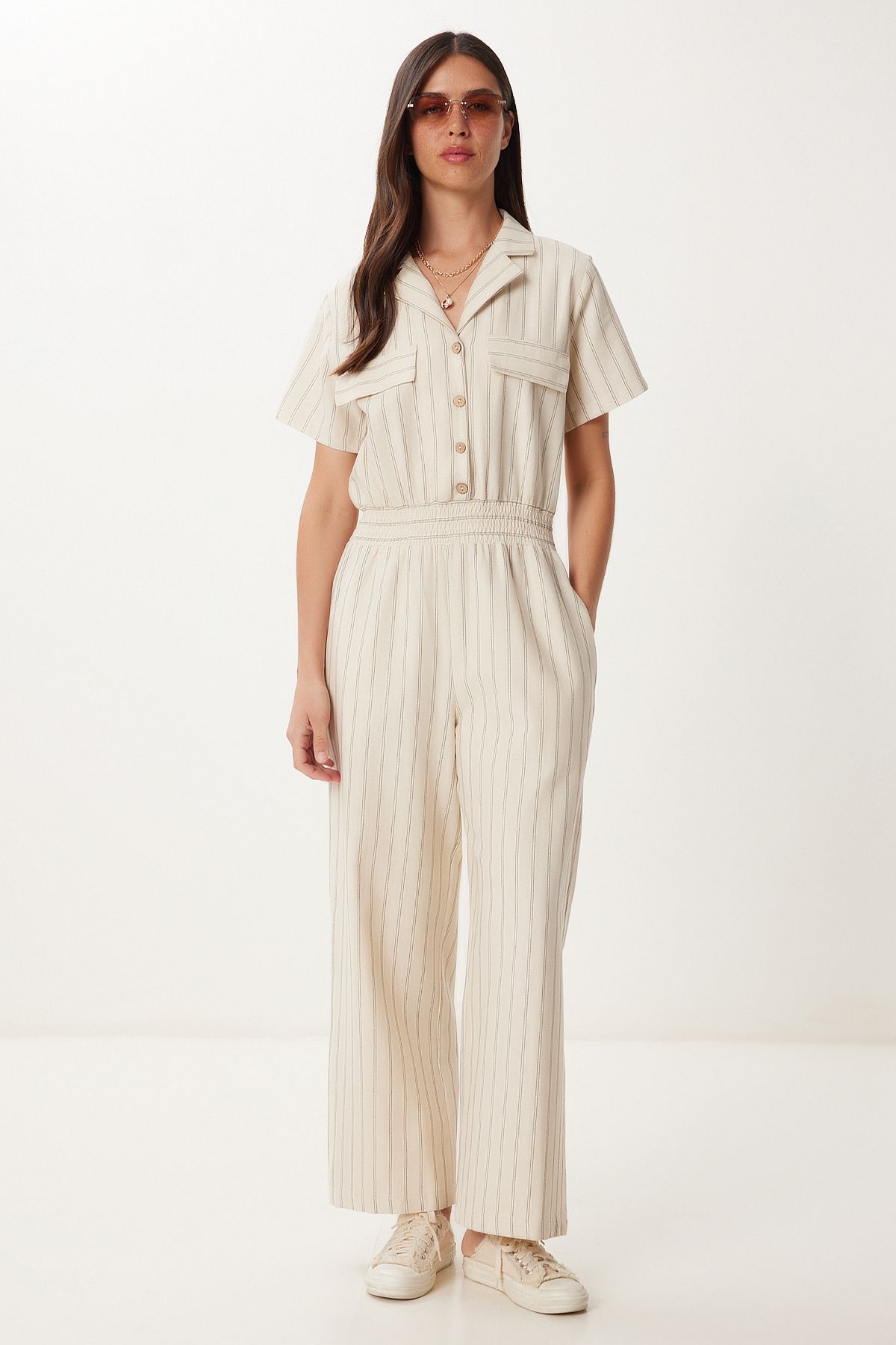 Krem Siyah Polo Yaka Çizgili Keten Tulum BV00166