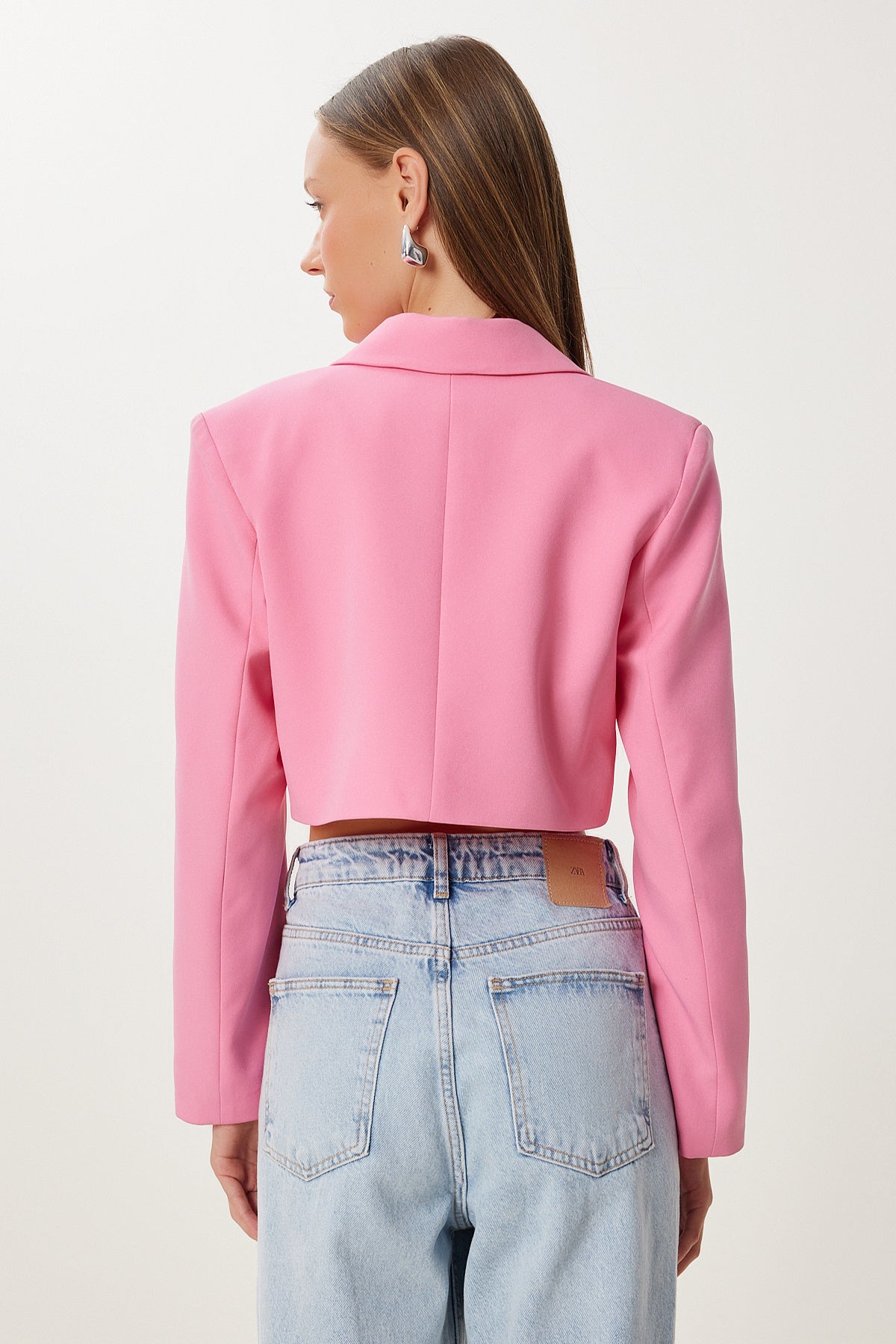 Pembe Vatkalı Crop Dokuma Ceket KT00019
