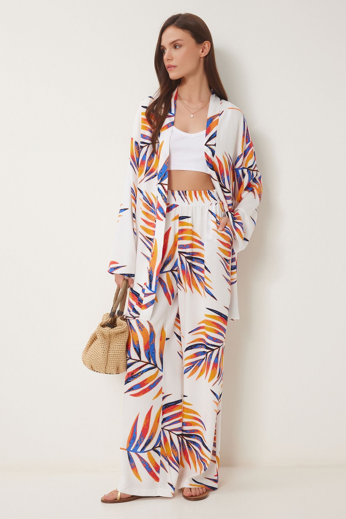 Oranj Beyaz Desenli Viskon Kimono Pantolon Takım JE00002