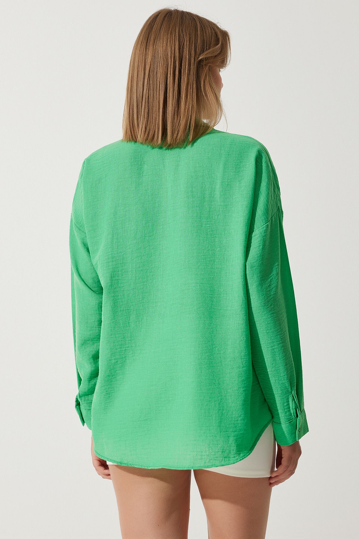 Yeşil Oversize Keten Ayrobin Gömlek DD01222