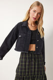 Siyah Püskül Detaylı Denim Crop Ceket AN00214