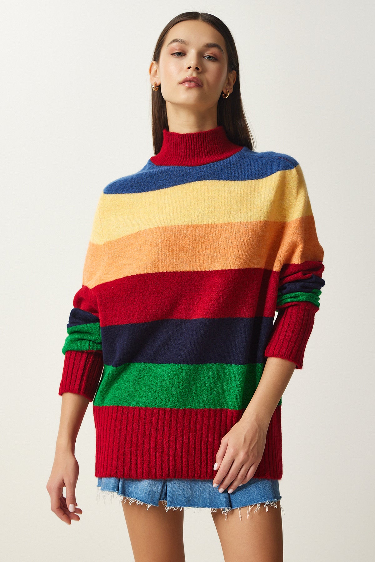 Kırmızı Blok Renkli Çizgili Oversize Triko Kazak MX00149