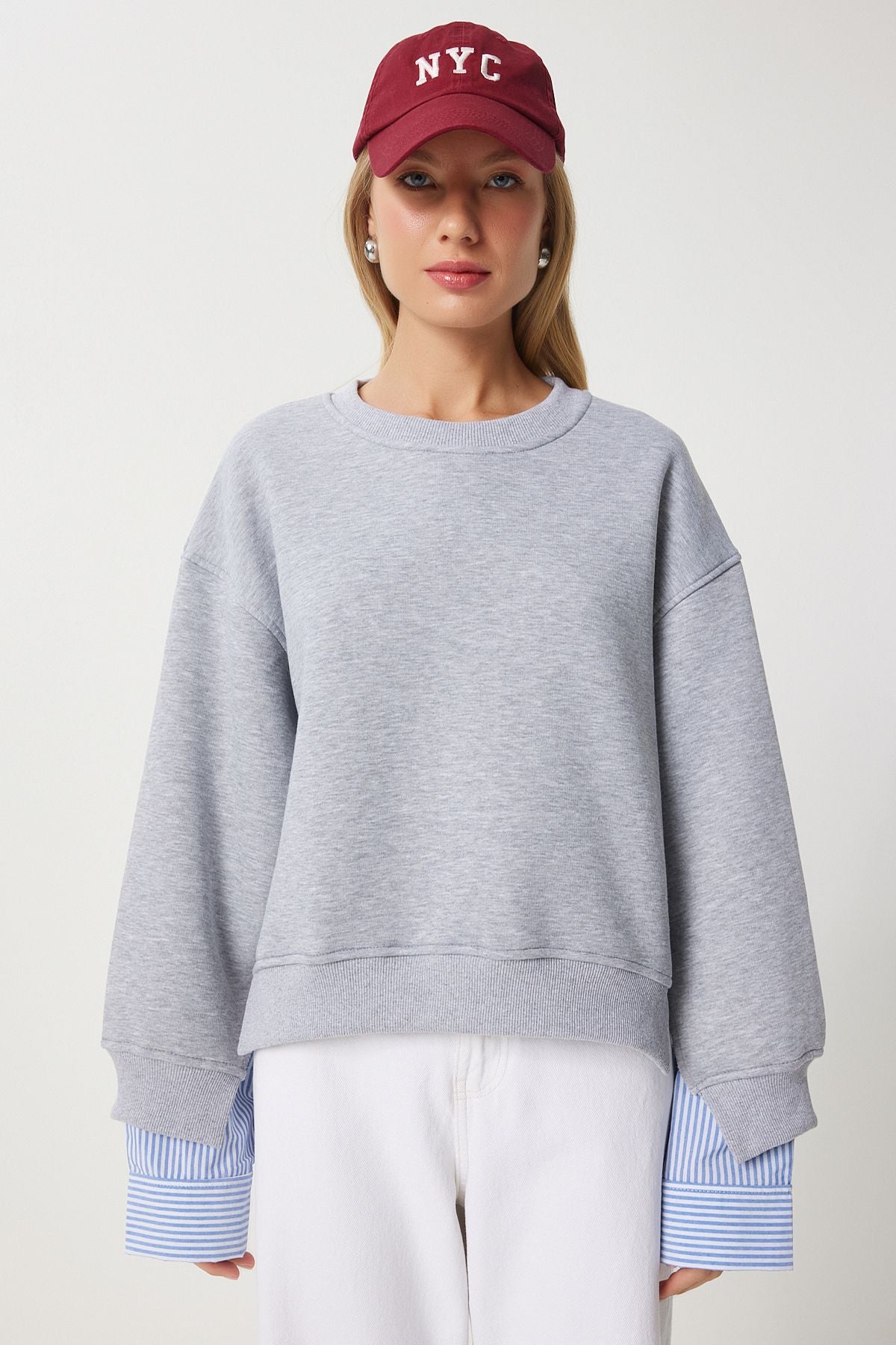 Gri Mavi Oversize Gömlekli Sweatshirt DP00214