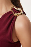 Bordo Tek Omuz Tokalı Fitilli Crop Bluz KH00096