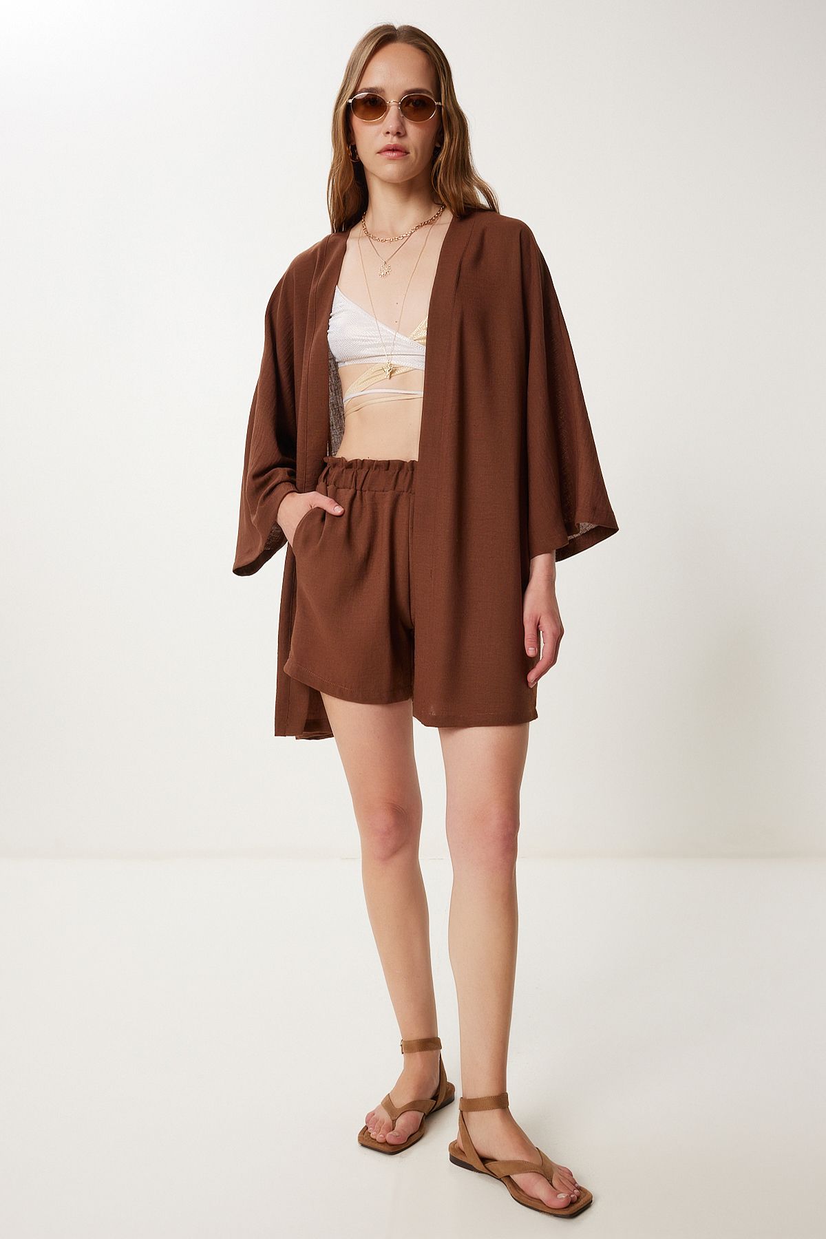 Kahverengi Keten Kimono Şort Takım WF00105