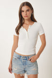 Kemik Çıtçıtlı Basic Örme Crop Bluz FW00004