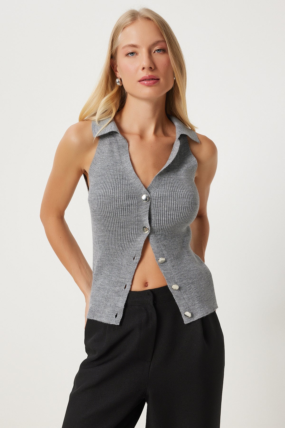 Gri Polo Yaka Fitilli Triko Yelek  FN03302