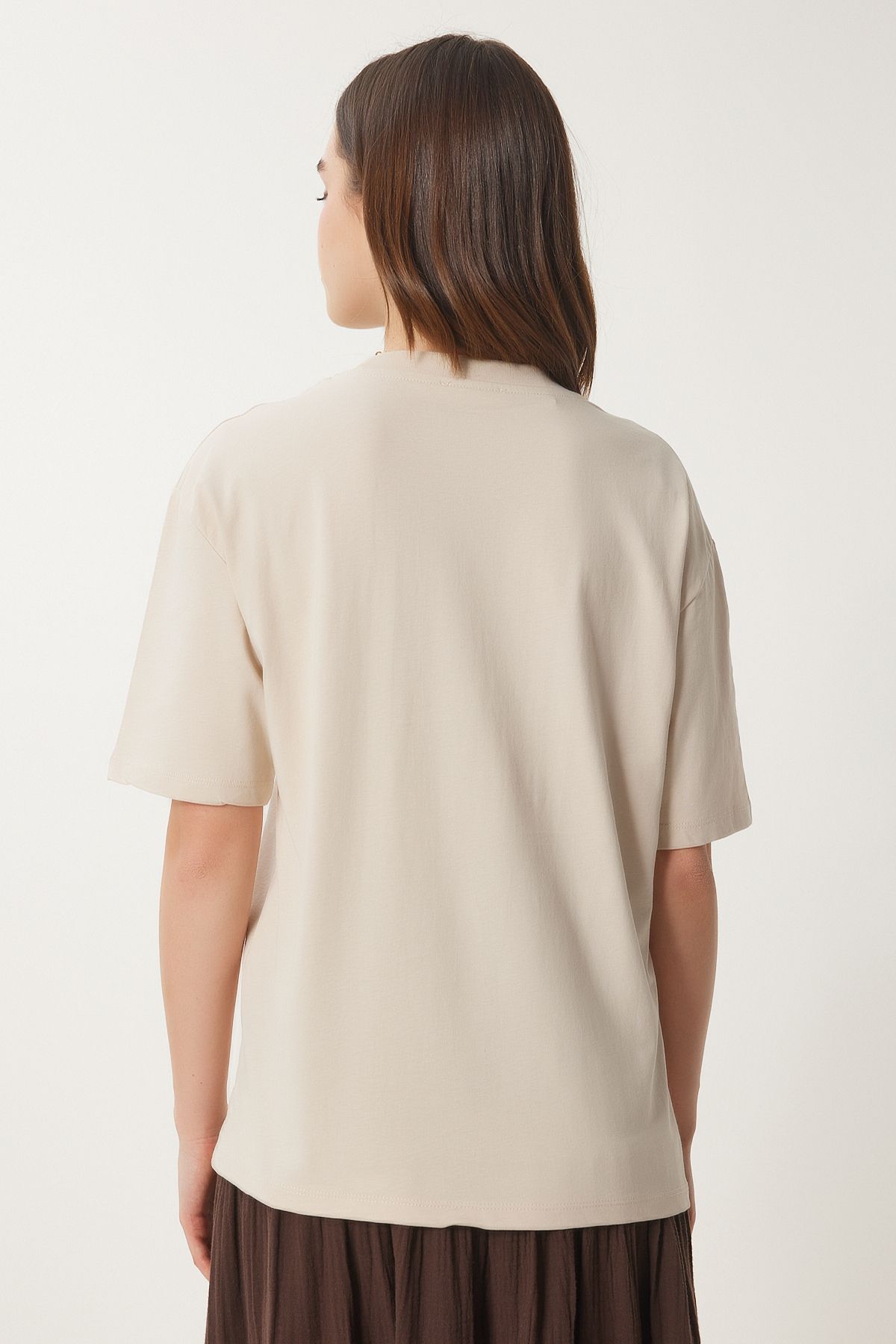 Krem Nakışlı Pamuklu Oversize Örme T-Shirt CR00457