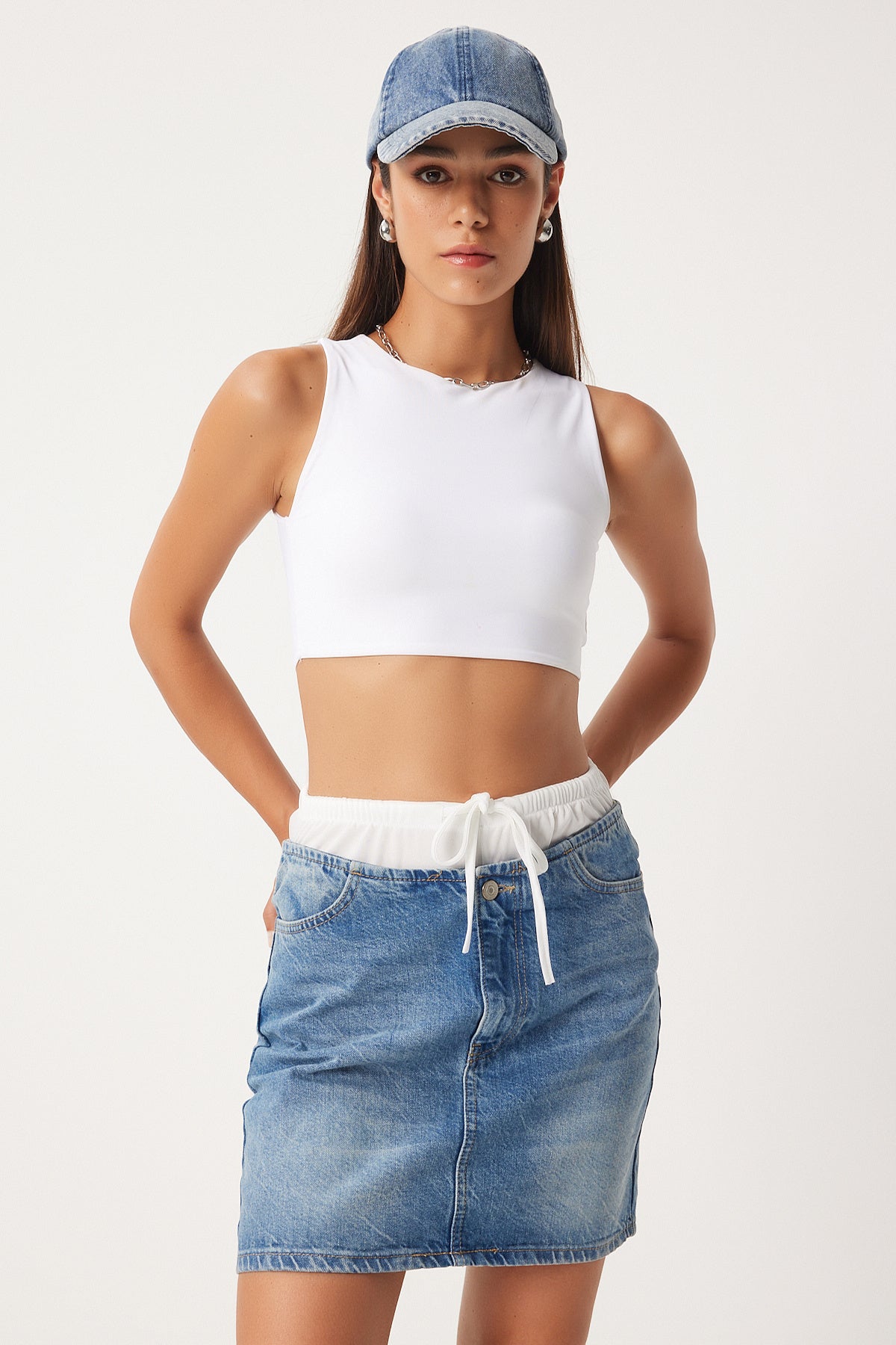 Mavi Boxer Detaylı Denim Etek  FN03225