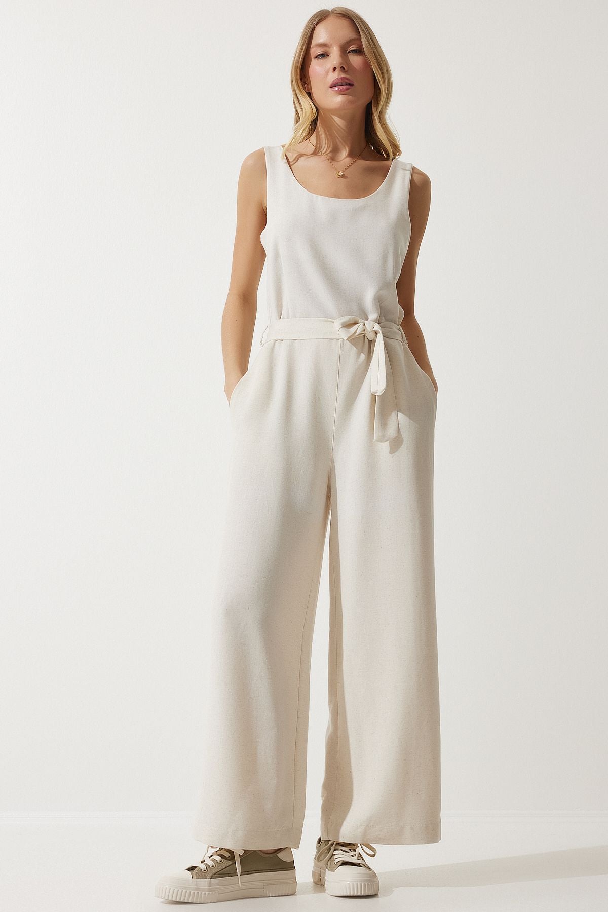 Krem Kuşaklı Keten Tulum MC00282