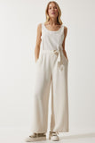 Krem Kuşaklı Keten Tulum MC00282